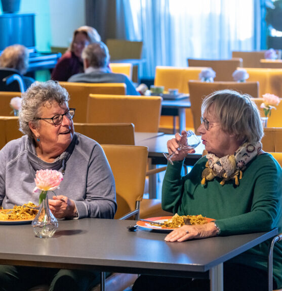 Twee dames met een wijntje aan tafel in het restaurant