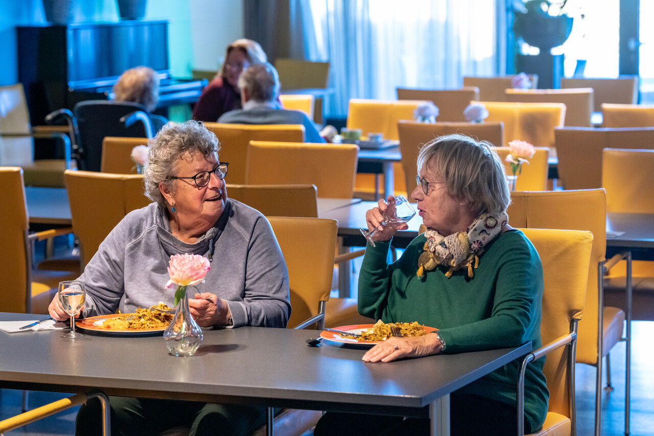 Twee dames met een wijntje aan tafel in het restaurant